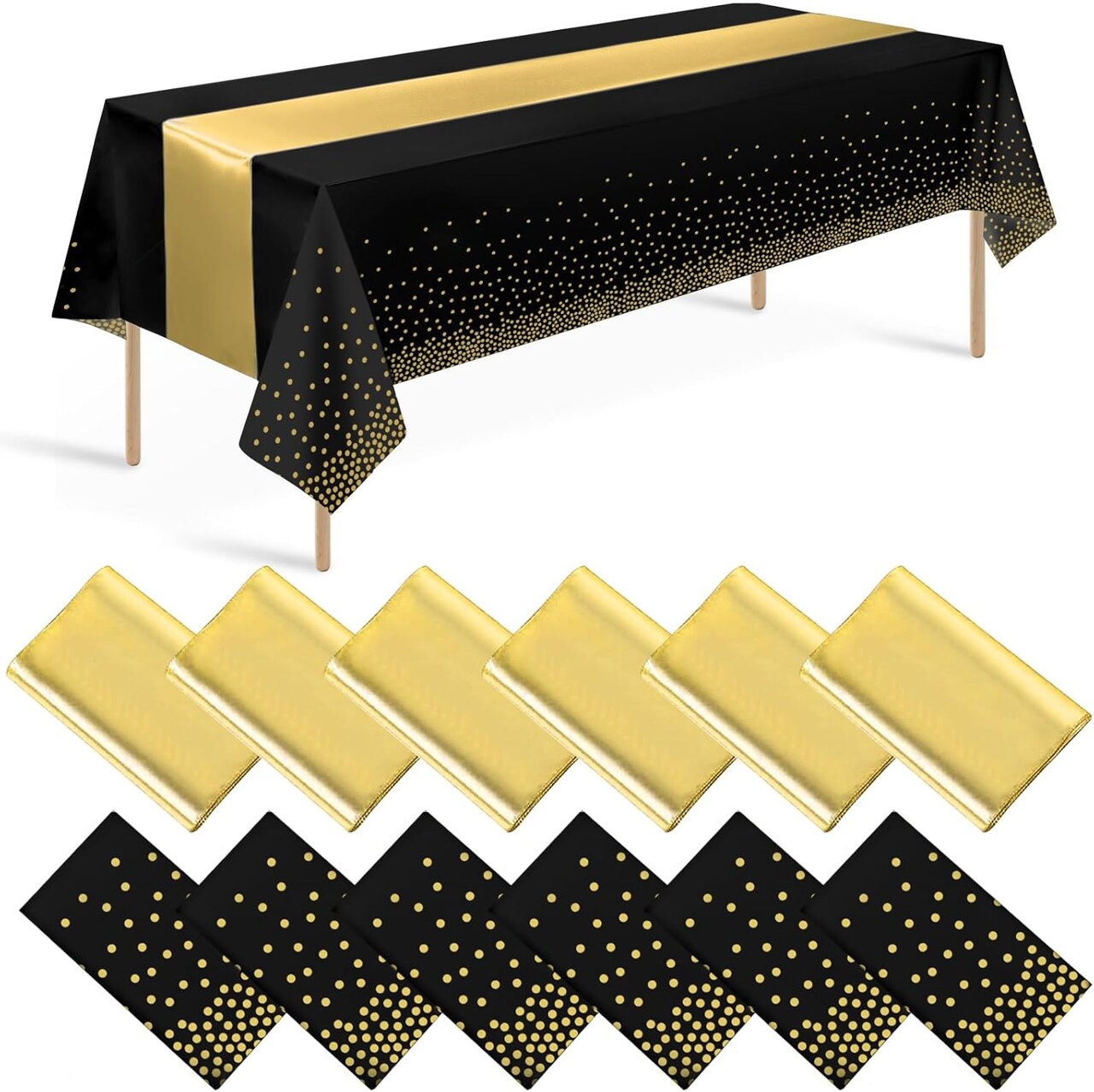 12 Pack Black and Gold Tablecloth and Table Runner Set (Black and Gold) 108"L x 54"W
